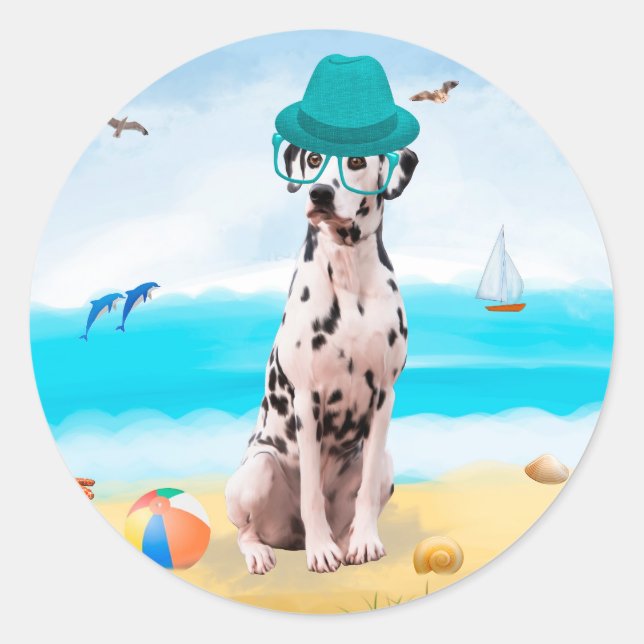 Sticker Rond Chien Dalmation sur la plage (Devant)