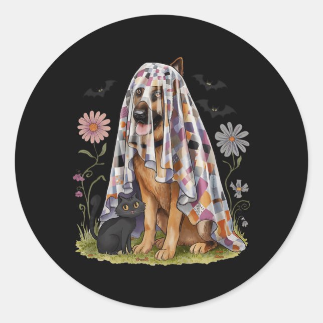 Sticker Rond Chien de berger allemand fantôme floral patchwork  (Devant)