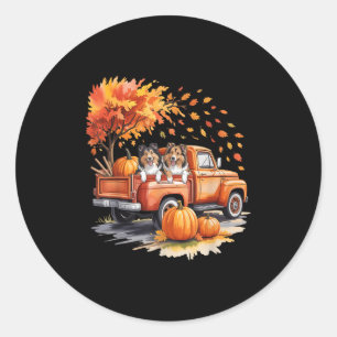 Sticker Rond Chien de berger des Shetland Camion Citrouille Aut
