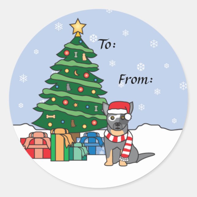 Sticker Rond Chien de bétail australien et arbre de Noël (Devant)