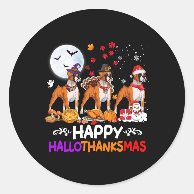 Sticker Rond Chien de boîte Noël Hallothankmas Joyeux Thanksgiv (Devant)