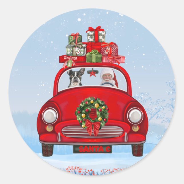 Sticker Rond Chien de Boston Terrier en voiture avec le Père No (Devant)