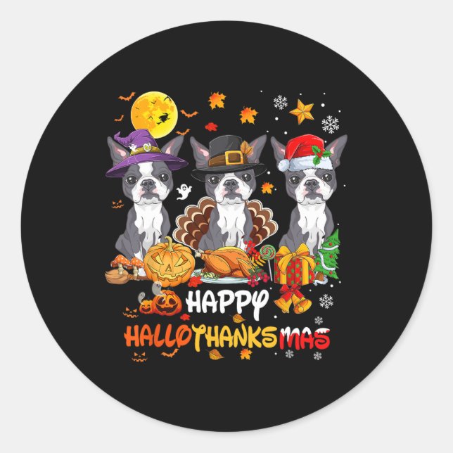 Sticker Rond Chien de Boston Terrier Happy Halloween Thanksgivi (Devant)