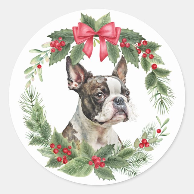 Sticker Rond Chien de Boston Terrier Red Bow Holly Wreath (Devant)