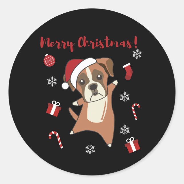 Sticker Rond Chien de boxe Noël Neige hiver Animaux Chiens Chie (Devant)