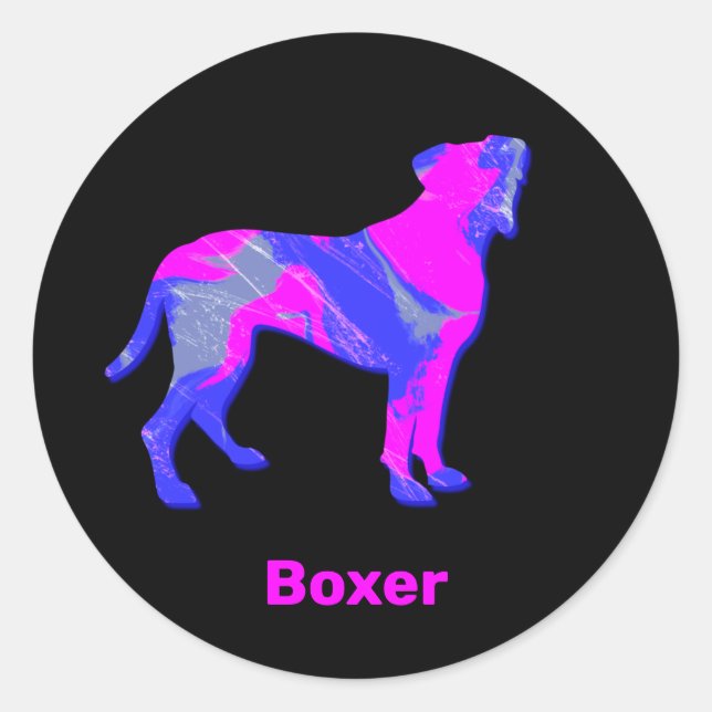 Sticker Rond Chien de boxe rose chaud et silhouette bleue (Devant)