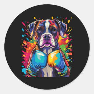 Sticker Rond Chien De Boxer Avec Gants De Boxe Couleur Splash