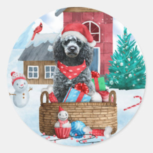 Sticker Rond Chien de caniche dans la neige Maison de chien de 