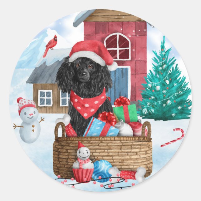 Sticker Rond Chien de caniche dans la neige Maison de chien de  (Devant)