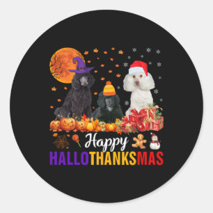 Sticker Rond Chien de caniche Hallothanksmas Halloween Thanksgi