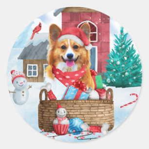 Sticker Rond Chien de Corgi dans la neige Maison de Chien de No