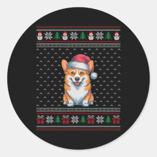 Sticker Rond Chien de Corgi portant le chapeau du Père Noël Amo