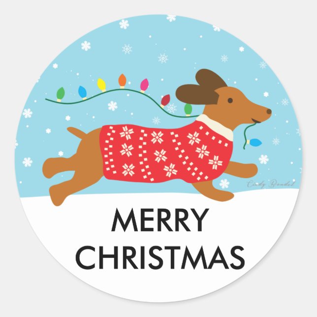 Sticker Rond Chien de Dachshund dans la neige Joyeux Noël (Devant)