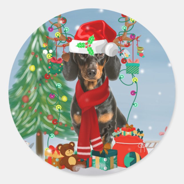 Sticker Rond Chien de Dachshund en neige avec Noël (Devant)