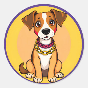 Sticker Rond Chien de dessin animé adorable portant une chaîne 