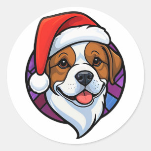 Sticker Rond Chien de dessin animé avec chapeau de Père Noël fe
