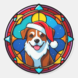 Sticker Rond Chien de dessin animé avec un chapeau de Père Noël