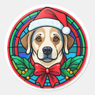 Sticker Rond Chien de dessin animé avec un chapeau de Père Noël
