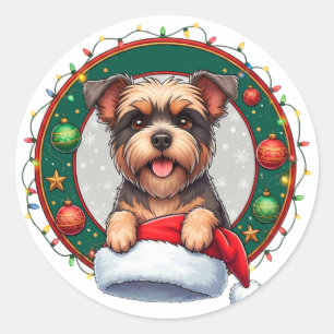Sticker Rond Chien de dessin animé de Noël festif
