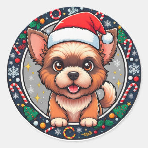 Sticker Rond Chien de dessin animé de Noël festif