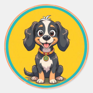 Sticker Rond Chien de dessin animé heureux dans un cadre circul