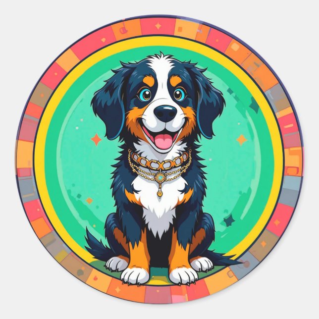 Sticker Rond Chien de dessin animé joyeux (Devant)