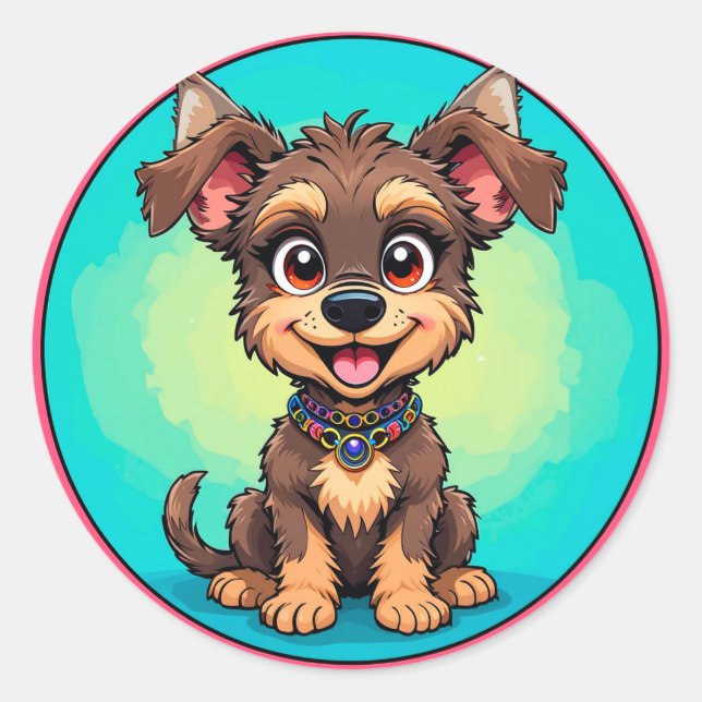 Sticker Rond Chien de dessin animé joyeux conception d'animal d (Devant)