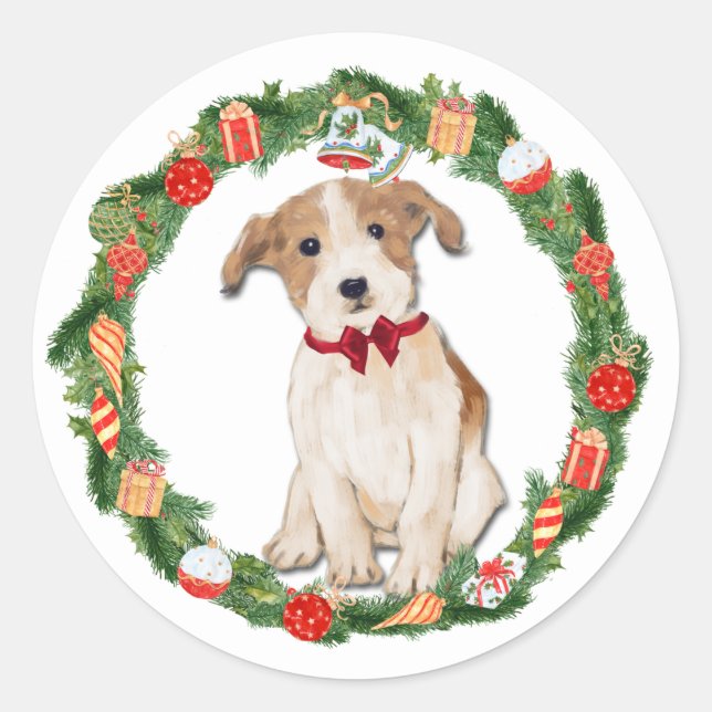 Sticker Rond Chien de Jack Russell Ornement de Noël Couronne (Devant)