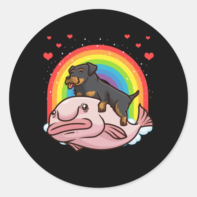Sticker Rond Chien de Jagdterrier avec Poisson Blobé (Devant)