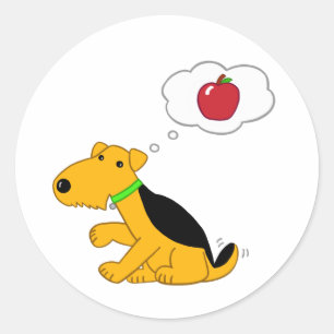 Sticker Rond Chien de Kawaii Airedale Terrier pensant à Apple