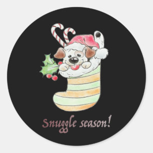 Sticker Rond Chien de la Saison Douillette dans un Bas