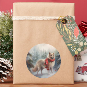 Sticker Rond Chien de lappund finlandais à Noël de neige
