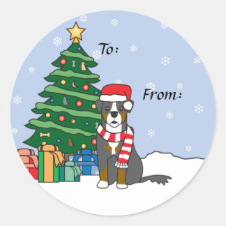 Sticker Rond Chien de montagne bernois et sapin de Noël