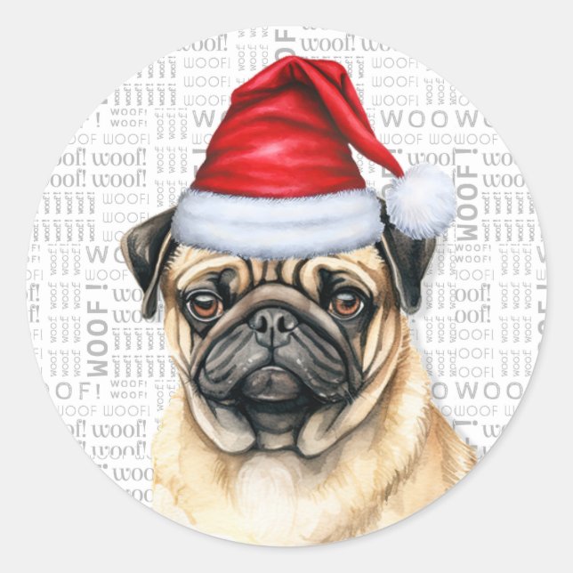 Sticker Rond Chien de Noël à Santa Hat Fête de Noël (Devant)