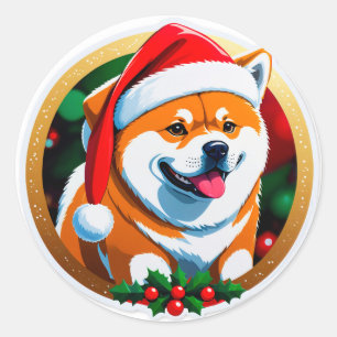Sticker Rond Chien de Noël Adorable Avec Chapeau de Père Noël