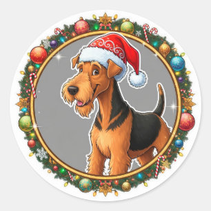 Sticker Rond Chien de Noël Adorable Avec Chapeau de Père Noël