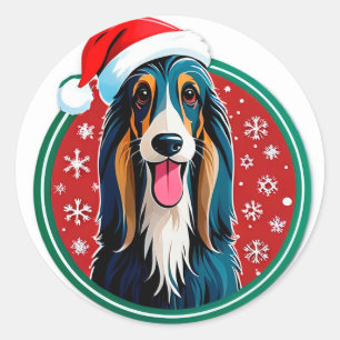 Sticker Rond Chien de Noël adorable avec un chapeau de Père Noë