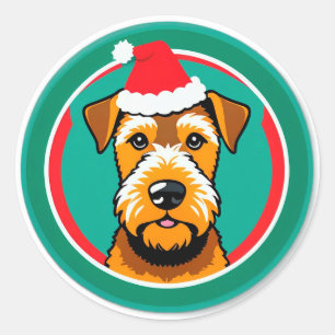 Sticker Rond Chien de Noël adorable avec un chapeau de Père Noë