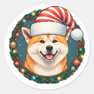 Sticker Rond Chien de Noël adorable avec un chapeau de Père Noë