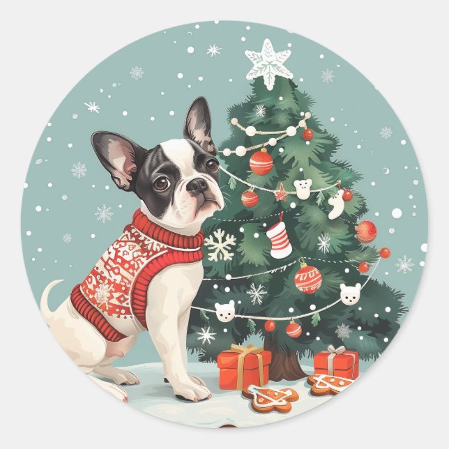 Sticker Rond Chien de Noël Boston Terrier (Devant)