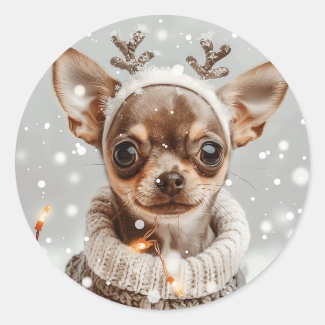 Sticker Rond Chien de Noël Chihuahua Reindeer (Devant)