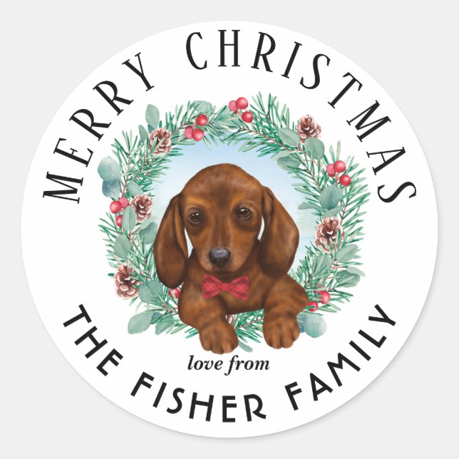 Sticker Rond Chien de Noël Joyeux et chevalet lumineux (Devant)