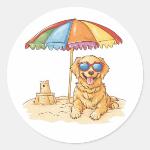 Sticker Rond Chien de plage Golden Retriever