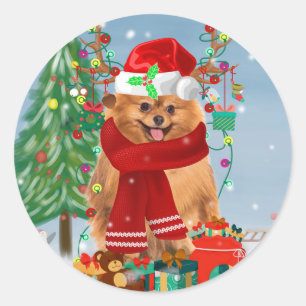 Sticker Rond Chien de Poméranie avec cadeaux de Noël