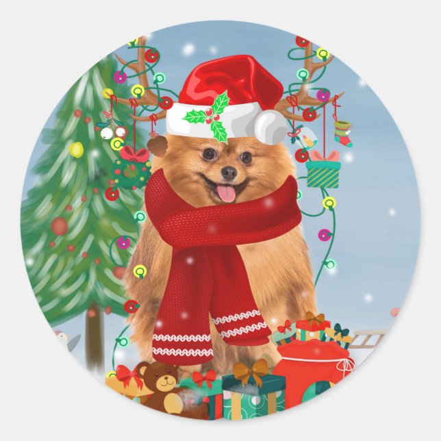 Sticker Rond Chien de Poméranie avec cadeaux de Noël (Devant)