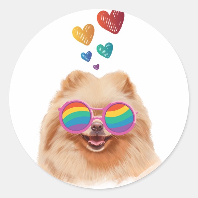Sticker Rond Chien de Poméranie avec Coeurs Saint Valentin (Devant)