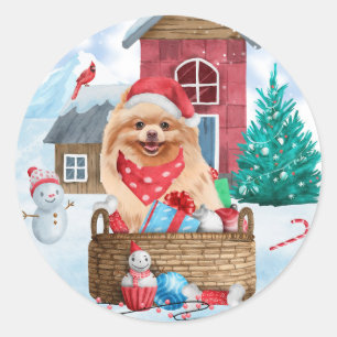 Sticker Rond Chien de Poméranie dans la neige Maison de Chien d