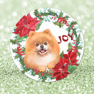 Sticker Rond Chien de Poméranie Joy Poinsettia Crème de Noël