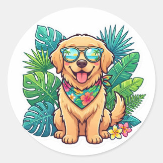 Sticker Rond Chien de race Golden Retriever Lunettes de soleil 