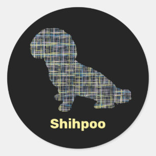 Sticker Rond Chien de Shihpod Silhouette Lignes de Grille Jaune